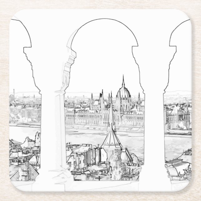 Dessous-de-verre Carré En Papier Illustration de Budapest et parlement hongrois (Devant)