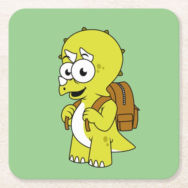 Dessous-de-verre Carré En Papier Illustration De Tricératops Avec Sac À Dos. (Devant)