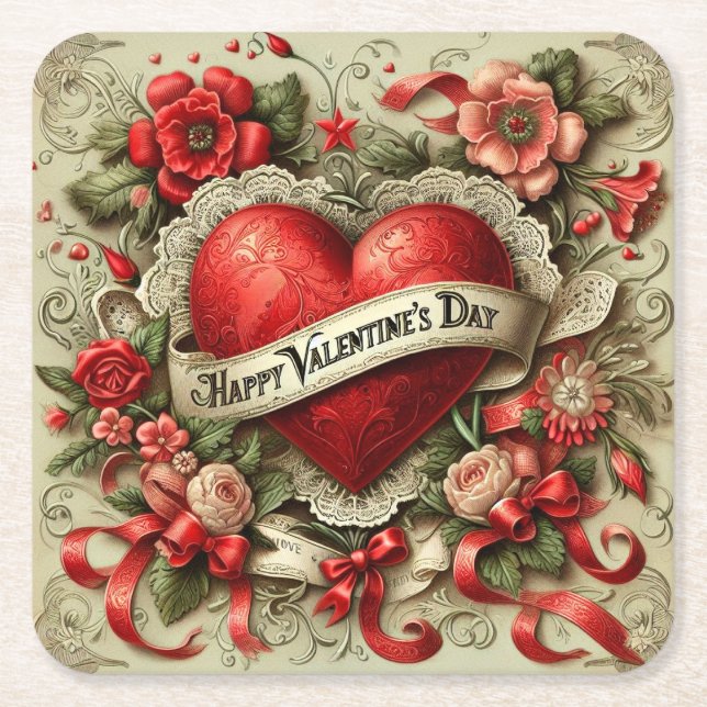 Dessous-de-verre Carré En Papier Illustration décorative Heureuse Sainte-Valentin (Devant)