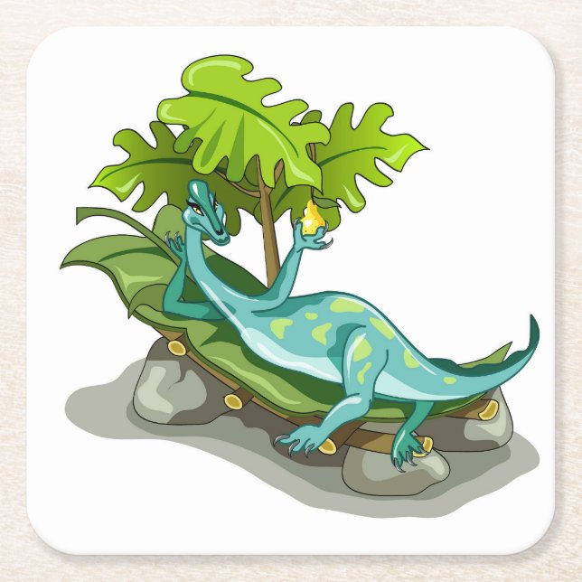 Dessous-de-verre Carré En Papier Illustration D'Un Bain De Soleil Iguanodon. (Devant)