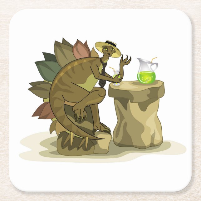 Dessous-de-verre Carré En Papier Illustration D'Un Stegosaurus Qui Boit Une Boisson (Devant)