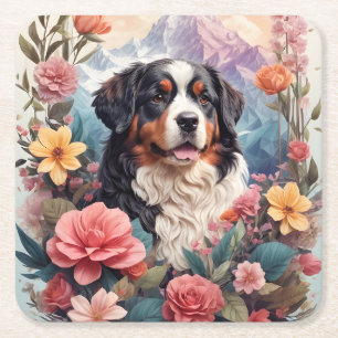 Dessous-de-verre Carré En Papier imaginaire floral 3D Bernese Mountain Dog Birds Vi