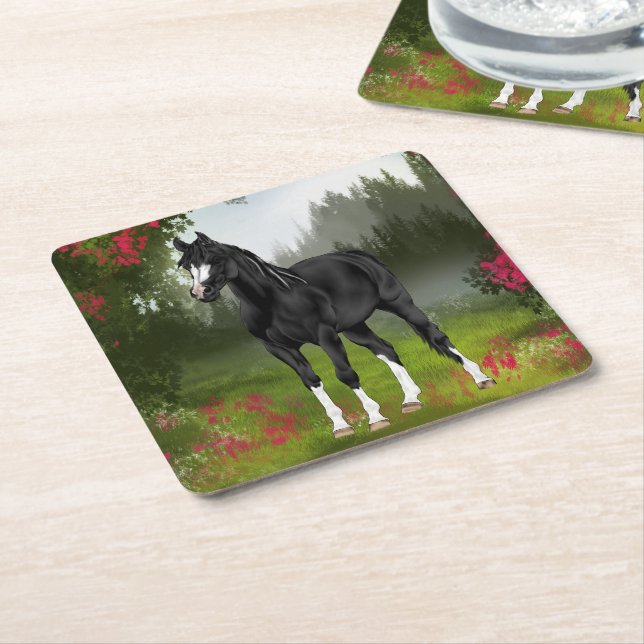 Dessous-de-verre Carré En Papier Imprimer Cheval Arabe Noir (Incliné)