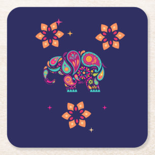 DESSOUS-DE-VERRE CARRÉ EN PAPIER INDIAN DIWALI ÉLÉPHANT CONCEPTION COLORÉE
