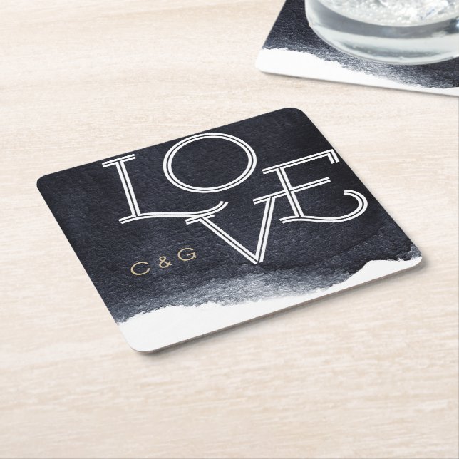 Dessous-de-verre Carré En Papier Indigo aquarelle moderne simple couple monogramme (Incliné)