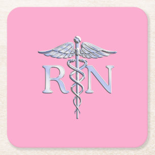 Dessous-de-verre Carré En Papier Infirmière inscrite RN Caduceus sur Pastel Pink