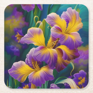 Dessous-de-verre Carré En Papier Iris Floral Violet et bleu or feuilles