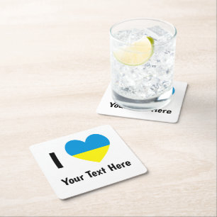 Dessous-de-verre Carré En Papier J'aime (Cœur Drapeau Ukrainien) Texte Personnalisé