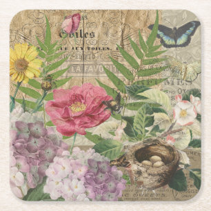 Dessous-de-verre Carré En Papier Jardin Floral de Nid d'Oiseau Fleur Papillon Art