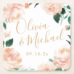 Dessous-de-verre Carré En Papier Jardin romantique pêche aquarelle mariage floral