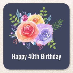 Dessous-de-verre Carré En Papier Jardin Rose Fleurs d'aquarelle Anniversaire