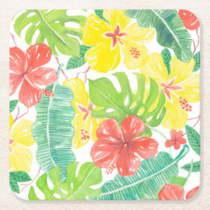 Dessous-de-verre Carré En Papier Jardin tropical, plumeria hibiscus et feuilles de