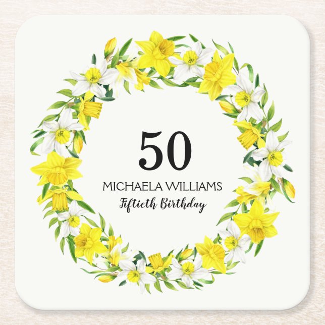 Dessous-de-verre Carré En Papier Jaune blanc Daffodil couronne 50e anniversaire (Devant)