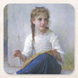 Dessous-de-verre Carré En Papier Jeune fille cousant, Bouguereau