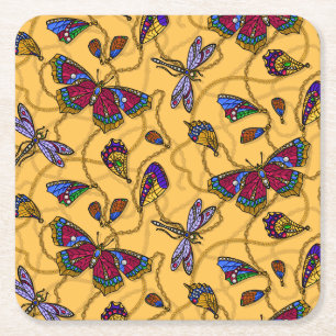Dessous-de-verre Carré En Papier Jewellery butterflies et dragonflies on yellow
