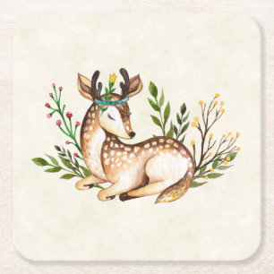 Dessous-de-verre Carré En Papier Joli Cerf Aquarellé Posé En Bas Boho