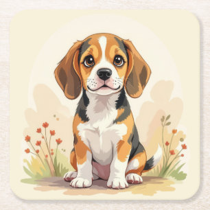 Dessous-de-verre Carré En Papier Joli chiot Beagle tricolore noir, fauve et blanc