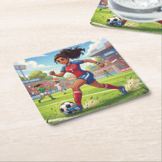 Dessous-de-verre Carré En Papier Jolie Fille de Dessin Animé Jouant au Football
