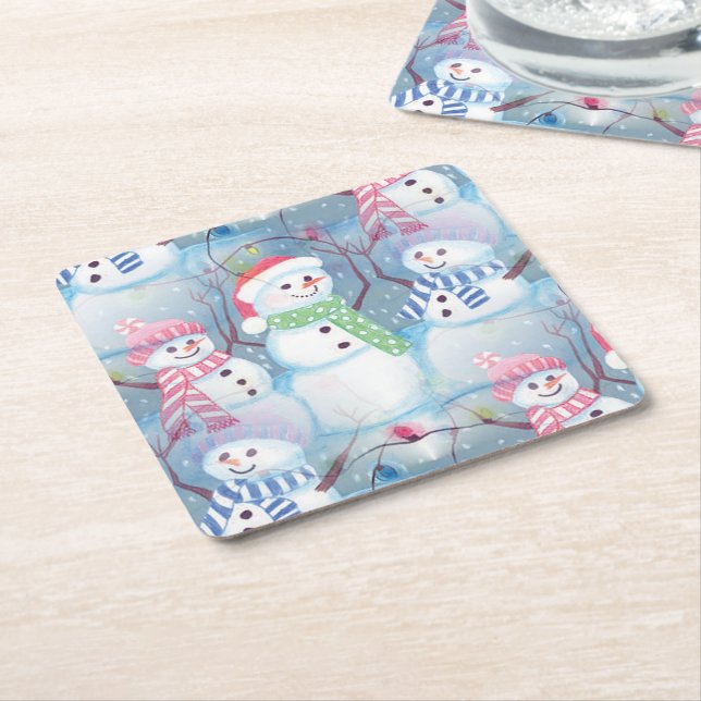 Dessous-de-verre Carré En Papier Jolie saison hivernale Snowmen Aquarelle Art (Incliné)