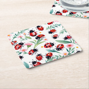 Dessous-de-verre Carré En Papier Jolies coccinelles et motif de fleurs blanc