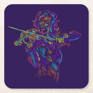 Dessous-de-verre Carré En Papier Joueur de violon Dessin de néon Abstrait