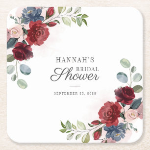 Dessous-de-verre Carré En Papier Jour de mariage Floral Aquarelle Bourgogne Blush