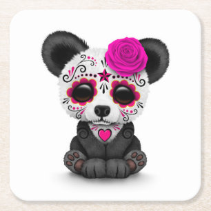 Dessous-de-verre Carré En Papier Jour rose du panda mort de crâne de sucre sur le