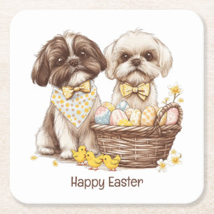 Dessous-de-verre Carré En Papier Joyeuses Pâques Chiens Shih Tzu