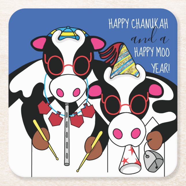 Dessous-de-verre Carré En Papier Joyeuses vaches Chanukah (Devant)