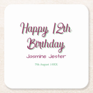 Dessous-de-verre Carré En Papier joyeux 12ème anniversaire vert rose nom date simpl