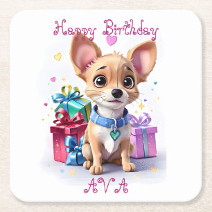 Dessous-de-verre Carré En Papier Joyeux Anniversaire Chihuahua Fille Mignonne et Ca