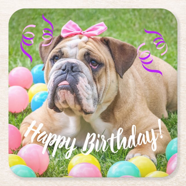 Dessous-de-verre Carré En Papier Joyeux anniversaire de bouledogue mignon (Devant)