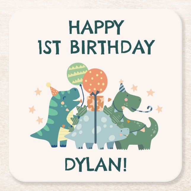 Dessous-de-verre Carré En Papier Joyeux anniversaire de mignons dinosaures (Devant)