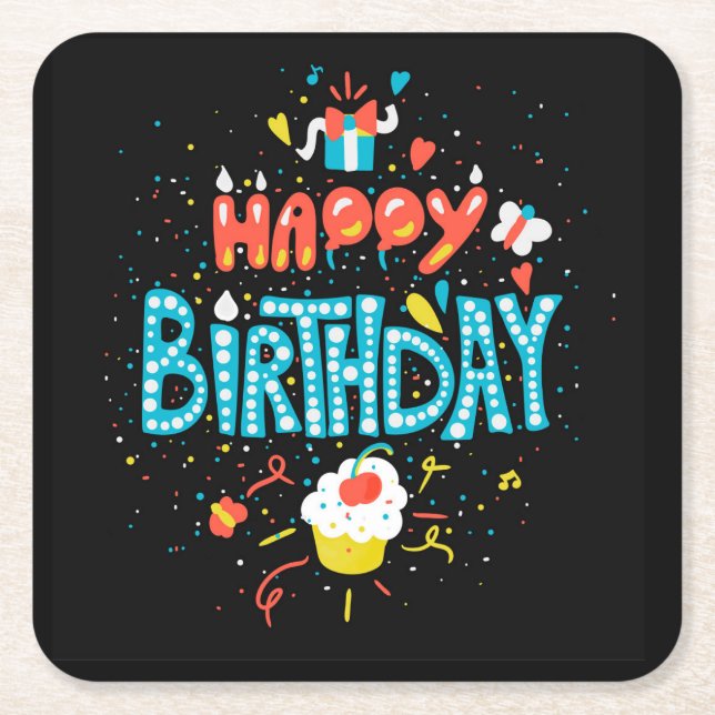 Dessous-de-verre Carré En Papier Joyeux anniversaire en noir (Devant)