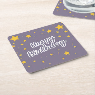 Dessous-de-verre Carré En Papier Joyeux Anniversaire Étoiles Dorées sur Fond Bleu 