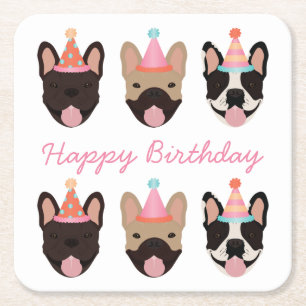 Dessous-de-verre Carré En Papier Joyeux anniversaire français Bulldog Party Casquet