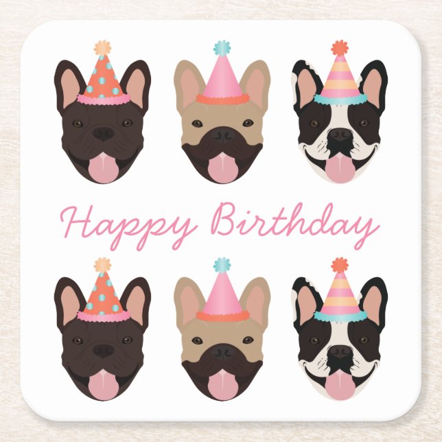 Dessous-de-verre Carré En Papier Joyeux anniversaire français Bulldog Party Casquet (Devant)
