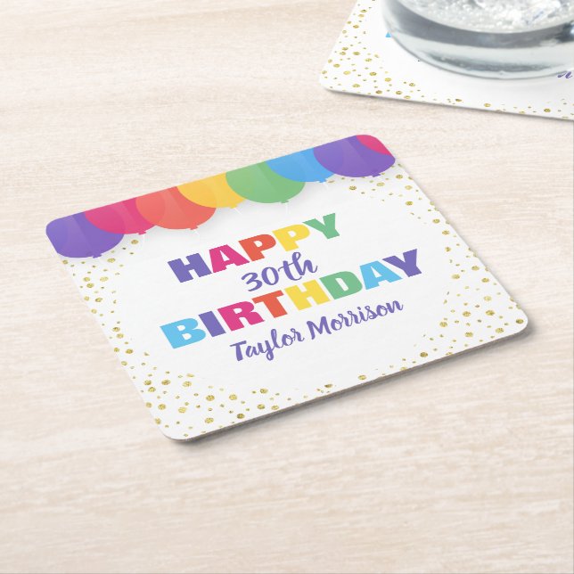 Dessous-de-verre Carré En Papier Joyeux Anniversaire Personnalisé Nom d'âge Ballons (Incliné)