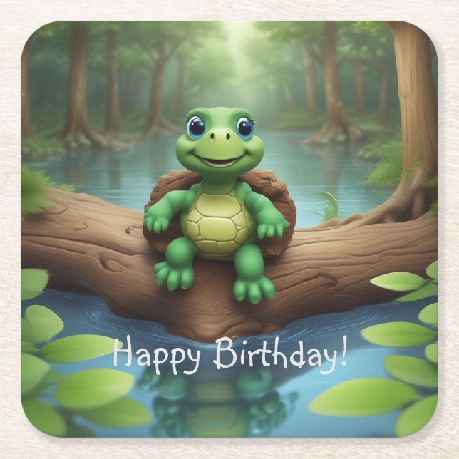 Dessous-de-verre Carré En Papier Joyeux Anniversaire Tortue (Devant)