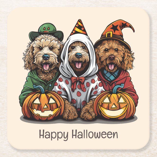 Dessous-de-verre Carré En Papier Joyeux chien d'Halloween Goldendoodle (Devant)