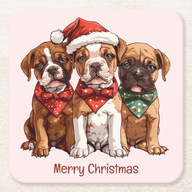 Dessous-de-verre Carré En Papier Joyeux Chiens en boîte de Noël (Devant)