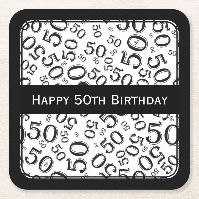 Dessous-de-verre Carré En Papier "Joyeux cinquantième anniversaire" noir/thème (Devant)
