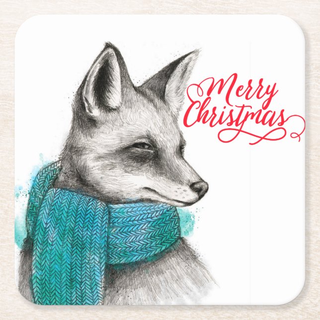 Dessous-de-verre Carré En Papier Joyeux dessin de renard de Noël (Devant)