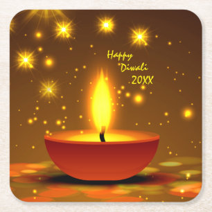 Dessous-de-verre Carré En Papier Joyeux Diwali 20xx Diya Flamme Jaune Étincelles