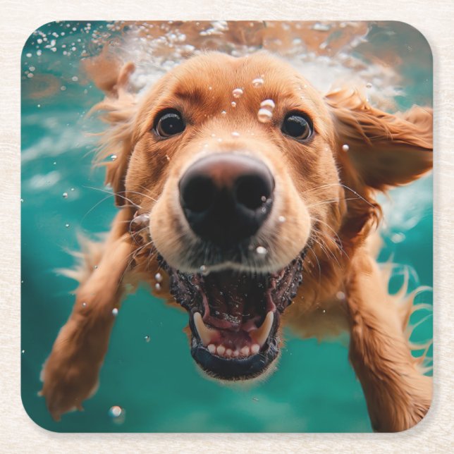 Dessous-de-verre Carré En Papier Joyeux Golden Retriever nager sous l'eau (Devant)