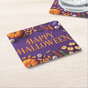 Dessous-de-verre Carré En Papier Joyeux Halloween à plat sur fond violet 
