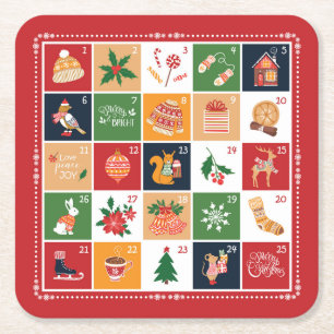 Dessous-de-verre Carré En Papier Joyeux Noël Calendrier de l'Avent Poinsettia Rouge