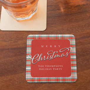 Dessous-de-verre Carré En Papier Joyeux Noël Calligraphie Script mignon Rouge Plaid