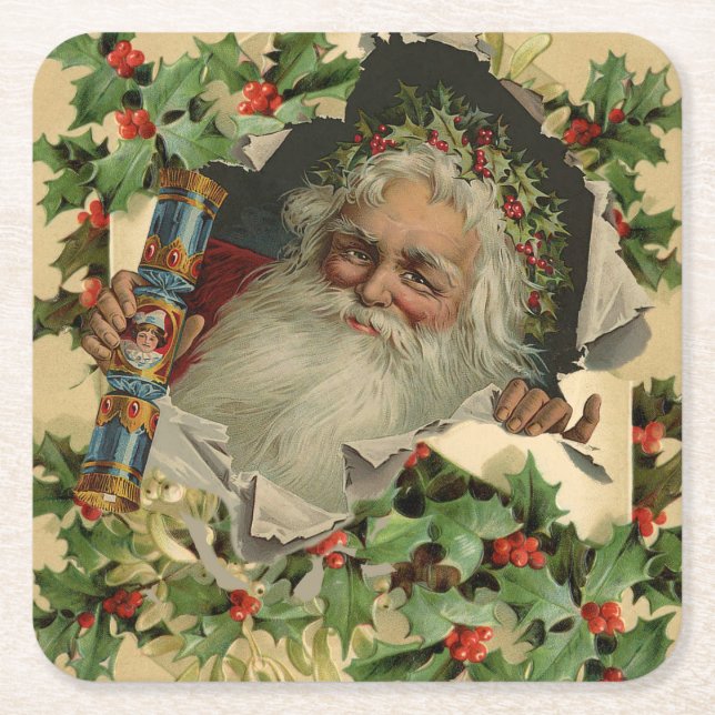 Dessous-de-verre Carré En Papier Joyeux Noël Père Noël classique antique (Devant)