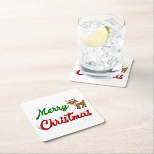 Dessous-de-verre Carré En Papier Joyeux Noël Reindeer rouge vert script